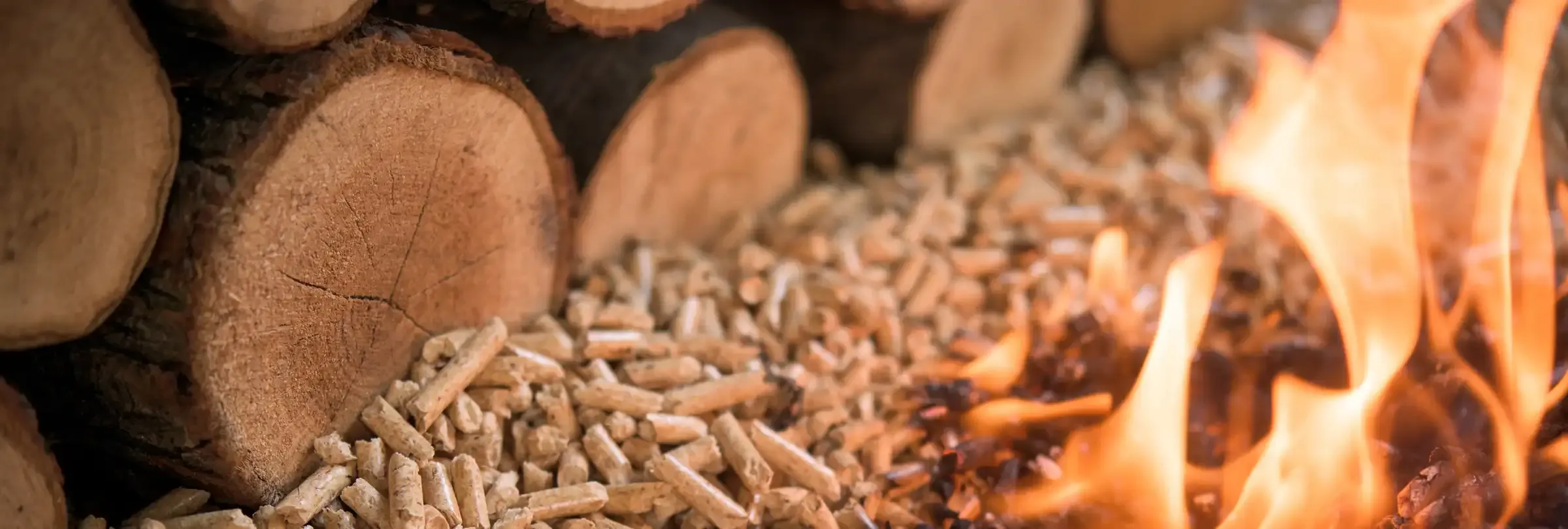 Biomass heating - wooden logs and wood pellets burning