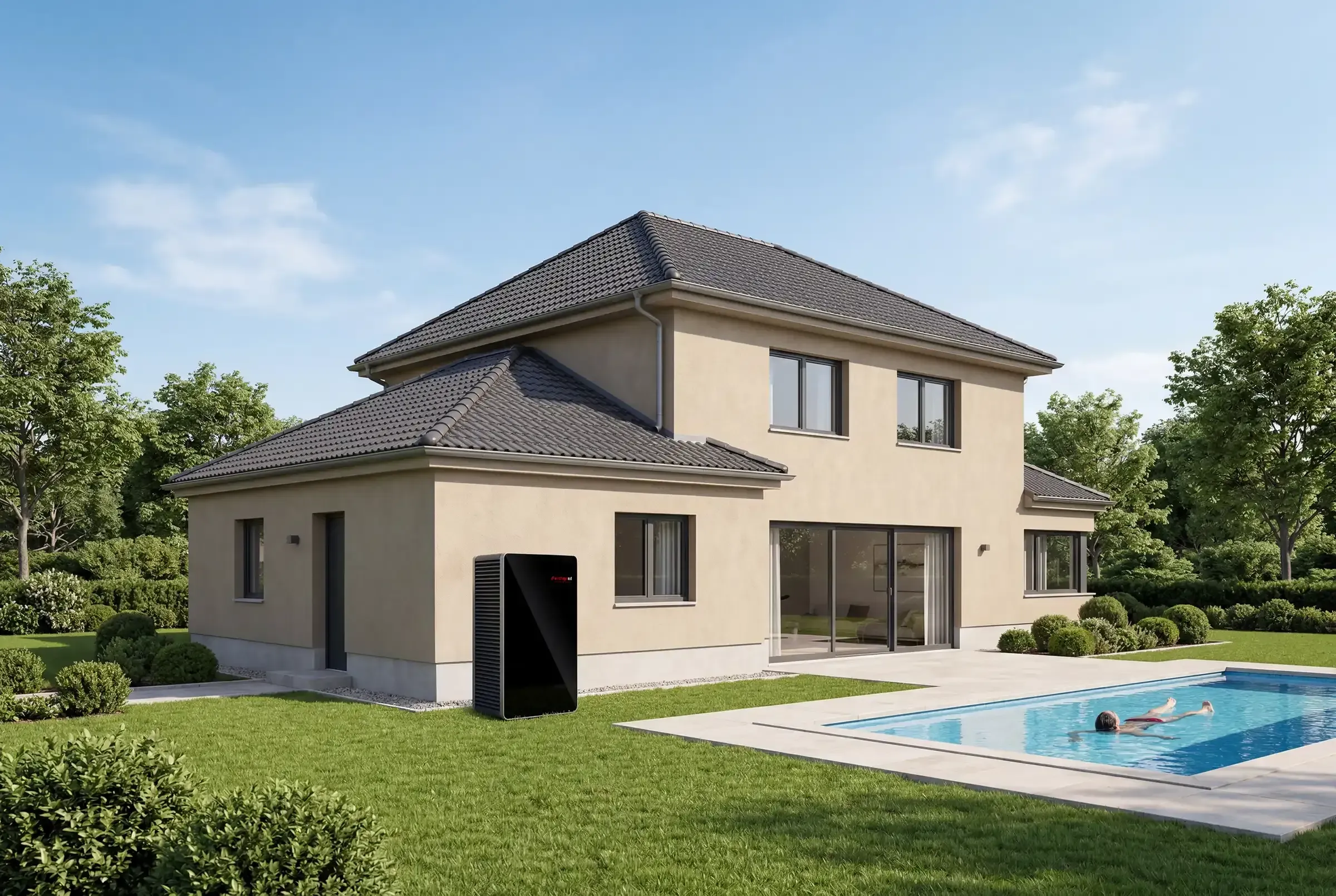 Exterior view of a house with heat pump installed in the garden